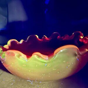 Ruby Red Murano Art Blown Glass Trinket Bowl 4.5” Glows Uv Bullicante Vintage